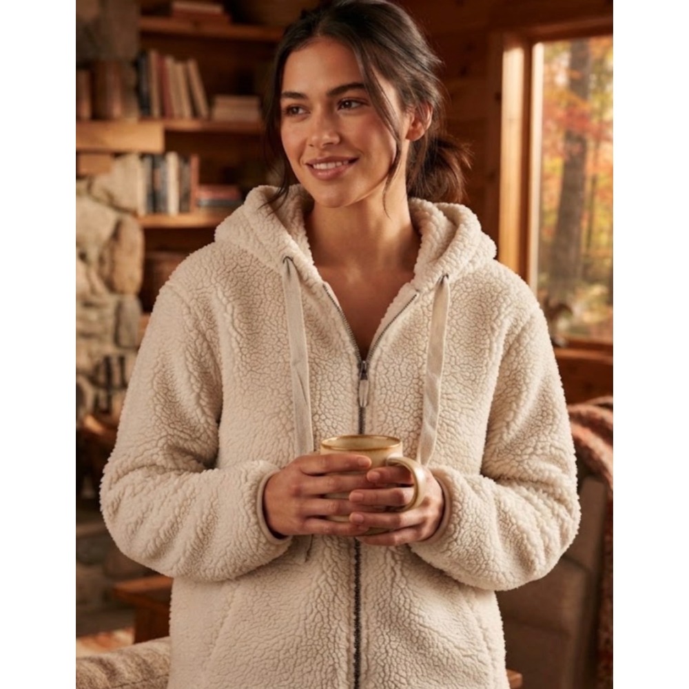 American Eagle Women Medium Cream Sherpa Full Zip Teddy Bear Jacket Hoodie